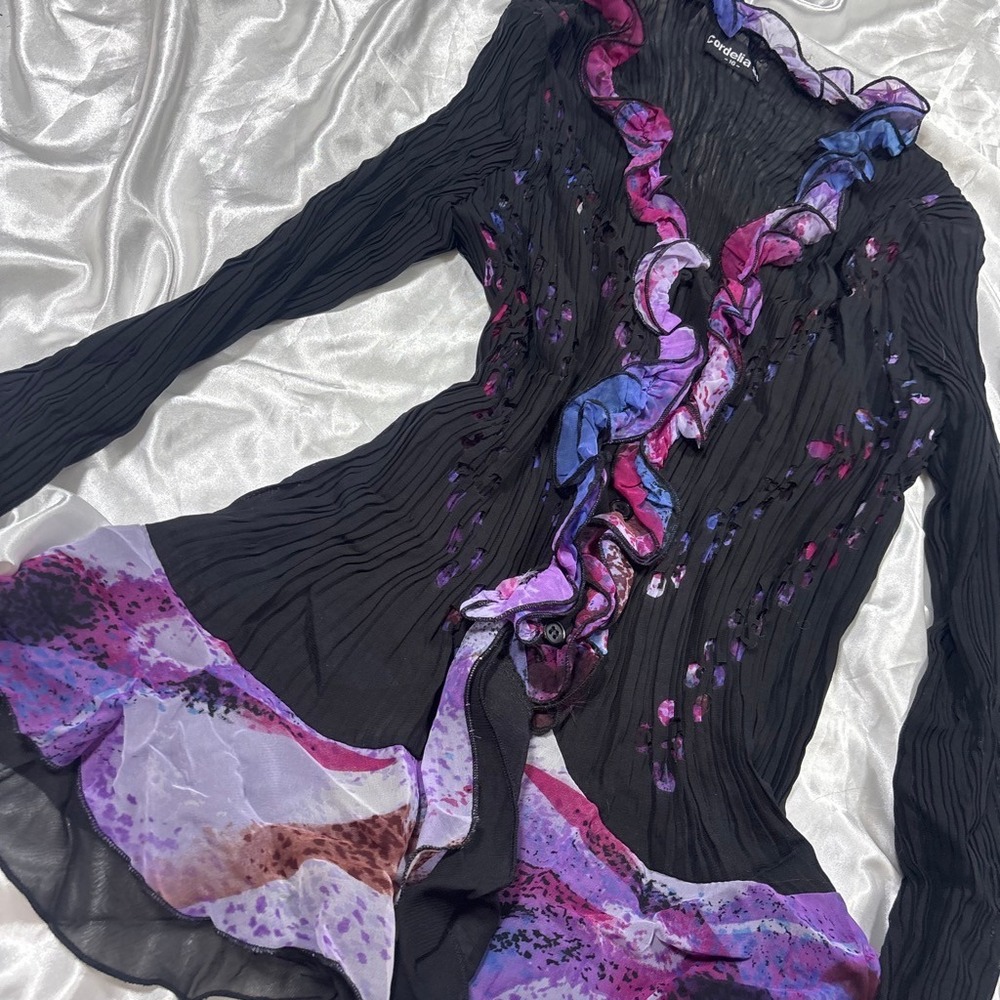 y2k Cordelia St Ruffle Button Up Top Black Purple Pleated Burnout 16 - Picture 5 of 6